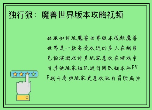 独行狼：魔兽世界版本攻略视频